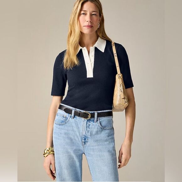 NWT J CREW Premium rib short-sleeve polo shirt in navy - Picture 3 of 7